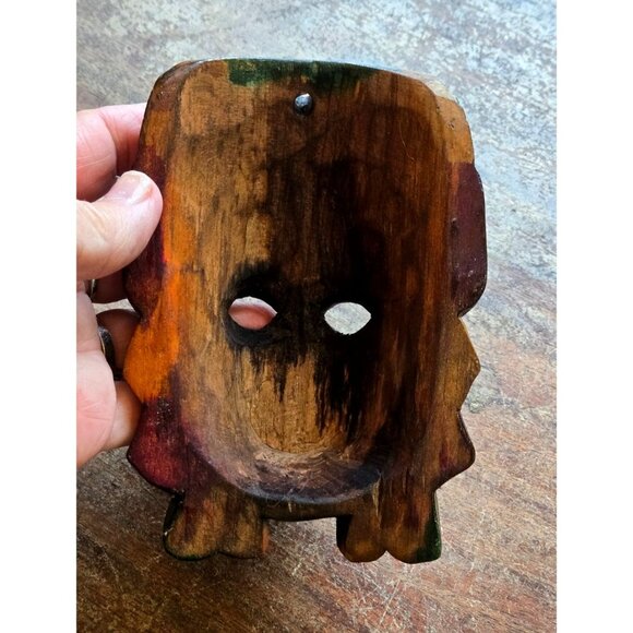 Mayan Vtg Mask Hand Carved Wood 5.75"x2.25" Painted Tribal Ceremonial Folk Art - Picture 4 of 10